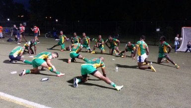 The national male rugby squad warming down following their practice games on Thursday night in Cary, North Carolina.