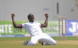 West Indies Jerome Taylor is pumped up after dismissing Australia’s Steve Smith for 199. (Photo courtesy of WICB media)
