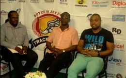 Chairman of the Boyce and Jefford Track and Field Committee, Colin Boyce (centre) makes a point in Linden during an interview with NCN’s Jonathan Craig (left). Co-Chairman, Edison Jefford is at right.
