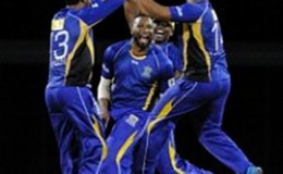 Barbados Tridents celebrate the capture of another Guyana Amazon Warriors wicket. (Photo courtesy CPL website)