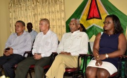 Head of State David Granger (second from right), Minister of Public Health Dr. George Norton (second from left), Minister within the Ministry of Social Protection, Simona Broomes (right), and Regional Chairman of Region 7,  Gordon Bradford during the meeting which was held at the Bartica Secondary School (GINA photo)
