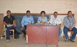 From left are designated legal advisor to the ministers, David James; Region Six Vice Chairman, Bhupaul Jhagroo; Minister of Indigenous People’s Affairs, Sydney Allicock; Minister within the Ministry, Valerie Garrido- Lowe and designated Advisor on Youth, Sports and Cultural Development, Mervyn Williams during a meeting at Siparuta. (GINA photo)
