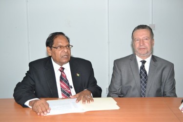 Prime Minister, Moses Nagamootoo (left), and Brazilian Ambassador Lineu Pupo de Paula engaged in discussion (GINA photo) 