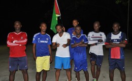 Members of Team Guyana from left to right- Jermin Weekes, Gregory Richardson, Terrence Chase-Green, Cleon Forrester (at back), Travis Grant, Sheldon Shepherd and Devon Millington posing for a photo opportunity following their last practice session prior to their departure for Jamaica