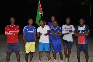 Members of Team Guyana from left to right- Jermin Weekes, Gregory Richardson, Terrence Chase-Green, Cleon Forrester (at back), Travis Grant, Sheldon Shepherd and Devon Millington posing for a photo opportunity following their last practice session prior to their departure for Jamaica