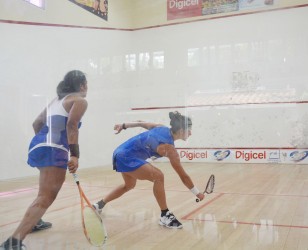 World number 26th ranked Nicolette Fernandes (right) unleashing a stroke against Ashley Khalil during their Women’s National finale at the Georgetown Club Squash Facility 