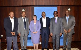 Commonwealth Magistrates and Judges’ Association Secretary General, Dr Karen Brewer (third from left) with Head of State, David Granger (fourth from left) at the Ministry of the Presidency. Also in photo are: Attorney General, Basil Williams (2nd from right), Chancellor of the Judiciary (ag) Carl Singh (2nd from left), Minister of State, Joseph Harmon (extreme right), and Minister of Governance, Raphael Trotman. (GINA photo)