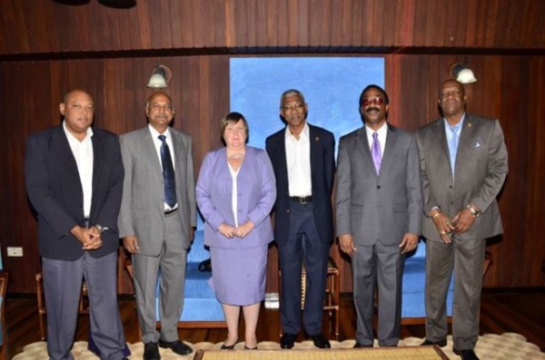 Commonwealth Magistrates and Judges’ Association Secretary General, Dr Karen Brewer (third from left) with Head of State, David Granger (fourth from left) at the Ministry of the Presidency. Also in photo are: Attorney General, Basil Williams (2nd from right), Chancellor of the Judiciary (ag) Carl Singh (2nd from left), Minister of State, Joseph Harmon (extreme right), and Minister of Governance, Raphael Trotman. (GINA photo)