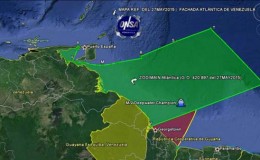 A map created by Venezuela’s National Organisation for Maritime Safety purporting to show the increased Venezuelan territory following the issuing of a decree by Venezuela’s President Nicholas Maduro claiming sovereignty over Guyana’s territorial waters in the Atlantic Ocean off the Essequibo region. It also positions the drill site of the ExxonMobil ‘Deepwater Champion’ rig within its claim.
