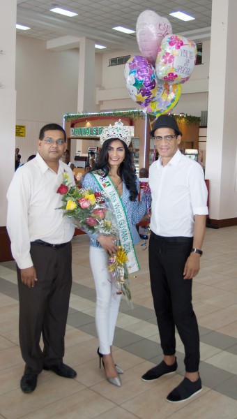 From left are: Guyana Tourism Authority- Indranauth Haralsingh, Miss World Guyana 2014—Rafieya Husain and MWG Board Member-Roger Gary. 
