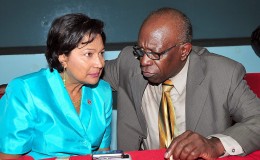 Prime Minister Kamla Persad Bissessar and former UNC Chairman Jack warner at a Cacaus meeting held at the Reinzi Complex, Couva on 16th June, 2010