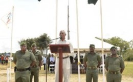 Commander-in-Chief of the Armed Forces, Brigadier (Ret’d) David Granger as he addressed the newest members of the Guyana Defence Force during the passing out parade of the Basic Recruit 2015/01 Course (GINA photo)