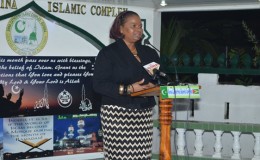 Minister of Social Protection Volda Lawrence addressing guests at a ceremony organised by the Anna Catherina Islamic Complex’s Akbar Hussain Lecture Hall (GINA photo)