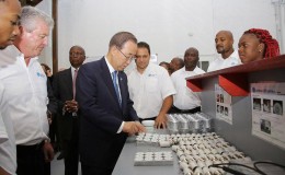 UN Secretary General Ban Ki-moon touring a factory making LED bulbs in Barbados. These bulbs are shipped worldwide. (Picture by Nigel Browne/Barbados Nation)Photo: family portrait.jpg
Caricom Heads pose with UN Secretary General Ban Ki-Moon and Commonwealth Secretary General Kamalesh Sharma (Picture by Nigel Browne/Barbados Nation)
