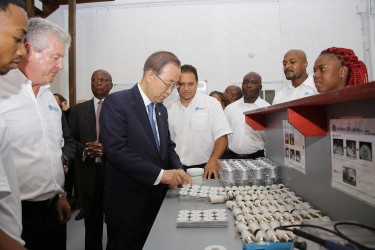 UN Secretary General Ban Ki-moon touring a factory making LED bulbs in Barbados. These bulbs are shipped worldwide. (Picture by Nigel Browne/Barbados Nation) Photo: family portrait.jpg Caricom Heads pose with UN Secretary General Ban Ki-Moon and Commonwealth Secretary General Kamalesh Sharma (Picture by Nigel Browne/Barbados Nation) 