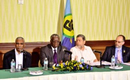 President David Granger (left)  speaking at a press conference on Saturday in Barbados after the CARICOM Heads of Government summit ended. Also in photo from right are CARICOM Secretary General Irwin LaRocque, St Vincent and the Grenadines Prime Minister Ralph Gonsalves and CARICOM Chairman, Barbados Prime Minister Freundel Stuart. (Ministry of the Presidency photo)
