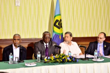 President David Granger (left)  speaking at a press conference on Saturday in Barbados after the CARICOM Heads of Government summit ended. Also in photo from right are CARICOM Secretary General Irwin LaRocque, St Vincent and the Grenadines Prime Minister Ralph Gonsalves and CARICOM Chairman, Barbados Prime Minister Freundel Stuart. (Ministry of the Presidency photo) 