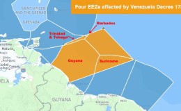 The analysis above was compiled by Vijay Datadin using GIS technology and it shows that Venezuela, via President Maduro’s Decree of 26 May 2015, is actually infringing on the Exclusive Economic Zones (EEZs) of not one but four Caricom nations – Barbados, Trinidad & Tobago, Guyana and Suriname. The data used for this analysis came from Flanders Marine Institute (VLIZ), which is an internationally known centre for marine affairs and the Official Gazette of Venezuela. The sizes of the affected EEZs are:
Barbados 294 sq km;
Trinidad & Tobago 4,531 sq km;
Guyana 118,156 sq km and
Suriname 34,419 sq km.
Though small, the areas affected for the two island nations are comparable with the sizes of their actual countries, for example, the island of Tobago is 300 sq km.