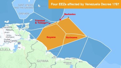 The analysis above was compiled by Vijay Datadin using GIS technology and it shows that Venezuela, via President Maduro’s Decree of 26 May 2015, is actually infringing on the Exclusive Economic Zones (EEZs) of not one but four Caricom nations – Barbados, Trinidad & Tobago, Guyana and Suriname. The data used for this analysis came from Flanders Marine Institute (VLIZ), which is an internationally known centre for marine affairs and the Official Gazette of Venezuela. The sizes of the affected EEZs are:  Barbados 294 sq km;  Trinidad & Tobago 4,531 sq km; Guyana 118,156 sq km and  Suriname 34,419 sq km. Though small, the areas affected for the two island nations are comparable with the sizes of their actual countries, for example, the island of Tobago is 300 sq km.