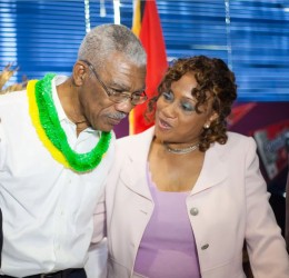 Roxanne Armstrong-Gibbs, former executive editor of the Nation newspaper in Barbados, has the ear of President Granger during the breakfast meeting. 