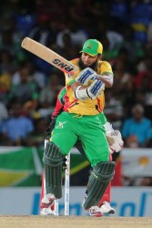 Hats off. A helmet-less Assad Fudadin takes to the crease for Guyana — at Warner Park, St Kitts. (CPL T20 website)