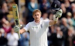 England’s Joe Root celebrates his seventh test century yesterday after being dropped on nought. (Reuters photo)