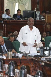 Finance Minister Winston Jordan speaking in parliament yesterday on the Former Presidents (Benefits and other Facilities) Bill 2015.