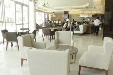 The lobby area of the Marriott Hotel