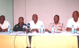 (from left) Media officer Troy Peters, Stadium Staff Coordinator Sabrina Panday, Events Operations Officer of OPCO (Guyana) Inc. Kirk Douglas, Commander Clifton Hicken and Security and Safety Manager George Vyphuis.