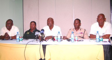(from left) Media officer Troy Peters, Stadium Staff Coordinator Sabrina Panday, Events Operations Officer of OPCO (Guyana) Inc. Kirk Douglas, Commander Clifton Hicken and Security and Safety Manager George Vyphuis. 