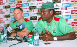 Brad Hodge and Carl Hooper speak to the media during yesterday’s press conference. (Orlando Charles photo)
