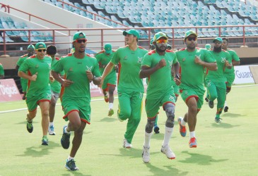 Members of the Guyana Amazon team going through their training session yesterday at the stadium. (Orlando Charles photo) 