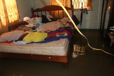A flooded bedroom.
