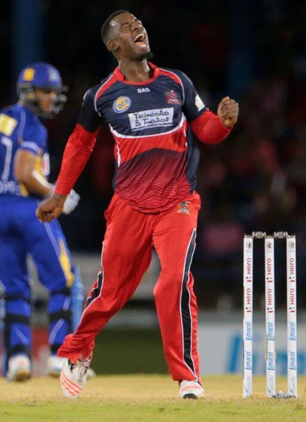 Derone Davis was delighted to dismiss the Barbados #Tridents captain — at Queen’s Park Oval. (CPL photo)