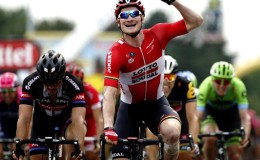 Lotto-Soudal rider Andre Greipel of Germany (C) celebrates as he crosses the finish line of the 183-km (113.71 miles) 15th stage of the 102nd Tour de France cycling race from Mende to Valence, France, yesterday. REUTERS/BENOIT TESSIER