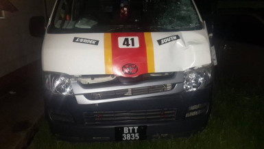 The damaged bus after driver Fitzroy Alder hit Romell Juner last Friday. Alder took Juner to the Georgetown Public Hospital after the accident but the 60-year-old man died.  