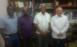 Agriculture Minister Noel Holder (second from right)  flanked by Special Advisor to the Governor of Roraima, Neudo Ribeiro Campos (right) , CEO, NAREI, Dr. Oudho Homenauth (third from right) and Permanent Secretary, George Jervis (GINA photo)
