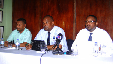 From left WICB Director and GCB Secretary Anand Sanasie, WICB Vice President Emmanuel Nanthan and WICB President Wycliffe “Dave” Cameron.(Orlando Charles photo)