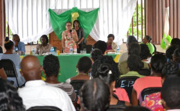 First Lady Sandra Granger delivering her remarks at the annual Women’s Empowerment Conference, hosted by the Women of Mission International at the Egbert Benjamin Centre, at Mackenzie, Linden yesterday. (Ministry of the Presidency photo)
