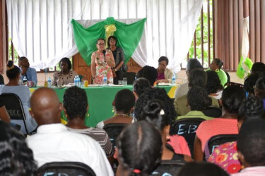 First Lady Sandra Granger delivering her remarks at the annual Women’s Empowerment Conference, hosted by the Women of Mission International at the Egbert Benjamin Centre, at Mackenzie, Linden yesterday. (Ministry of the Presidency photo) 