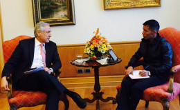 Chile’s Foreign Affairs Heraldo Muñoz (left) being interviewed by Gaulbert Sutherland in Santiago.
