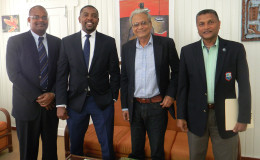 from left, WICB Vice-President Emmanuel Nanthan, President of the WICB Wycliffe ‘Dave’ Cameron, Minister of Education, Dr. Rupert Roopnaraine and WICB Director Anand Sanasie.
