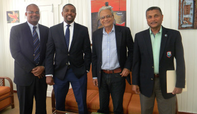from left, WICB Vice-President Emmanuel Nanthan, President of the WICB Wycliffe ‘Dave’ Cameron, Minister of Education, Dr. Rupert Roopnaraine and WICB Director Anand Sanasie. 