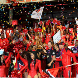 THE BIGGEST PARTY IN SPORT! The Trinidad Red Steel team celebrates after their win on Sunday in the CPL final against the Barbados Tridents. (photo courtesy of CPL website)