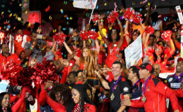 THE BIGGEST PARTY IN SPORT! The Trinidad Red Steel team celebrates after their win on Sunday in the CPL final against the Barbados Tridents. (photo courtesy of CPL website)