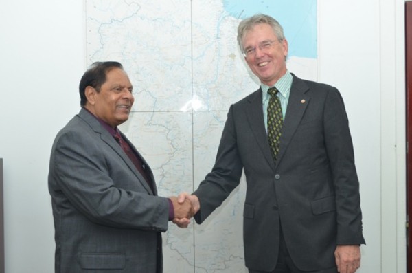 Ambassador of the Kingdom of the Netherlands, Ernst Noorman (right) today paid a courtesy call on Prime Minister Moses Nagamootoo  at the Office of the President.(GINA photo)