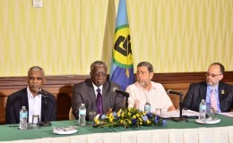 From left are President David Granger, Barbadian Prime Minister Freundel Stuart, St Vincent Prime Minister Ralph Gonsalves and Caricom Secretary General Irwin LaRocque at the press conference. (Ministry of the Presidency photo)