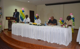 Minister of State Joseph Harmon speaking at the luncheon. Minister of Governance, Raphael Trotman is second from right.