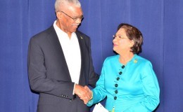 President David Granger and Trinidadian Prime Minister Kamla Persad-Bissessar (Photo via GINA)