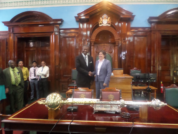 Photo shows Jessica Faieta (right) with Speaker Barton Scotland in Parliament Chambers. (Parliament Office photo)